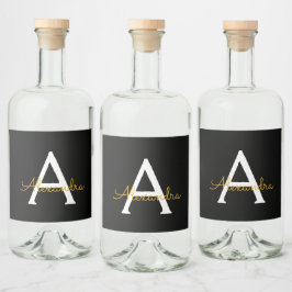 Etiqueta Para Botella De Licor Black Gold Modern Script Girly Monograma Nombre