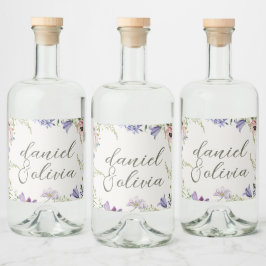 Etiqueta Para Botella De Licor Boda bordeado por la flor morada y crema