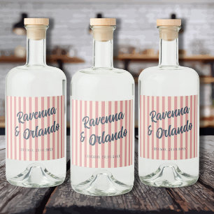 Etiqueta Para Botella De Licor Boda de rayas rosadas y azul marino retro