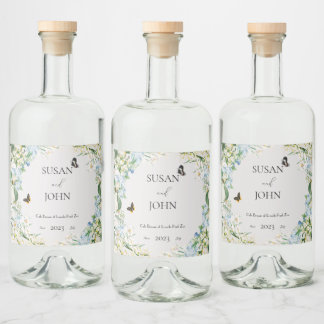 Etiqueta Para Botella De Licor Boda floral azul y blanco turbio