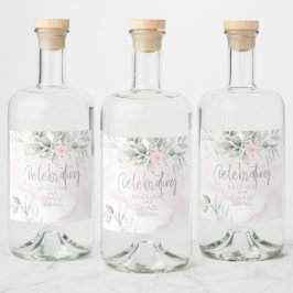 Etiqueta Para Botella De Licor Boda | Foliage verde pálido Rubor Roses rosados