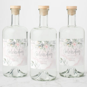 Etiqueta Para Botella De Licor Boda   Foliage verde pálido Rubor Roses rosados