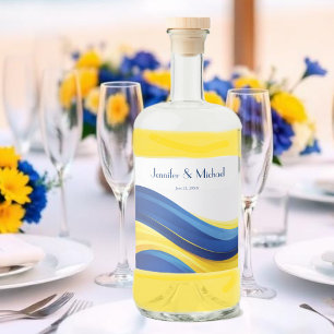 Etiqueta Para Botella De Licor Boda moderna azul cobalto y amarillo limón