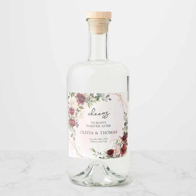 Etiqueta Para Botella De Licor Boho moderno burgundy floral de oro geométrico (Anverso)
