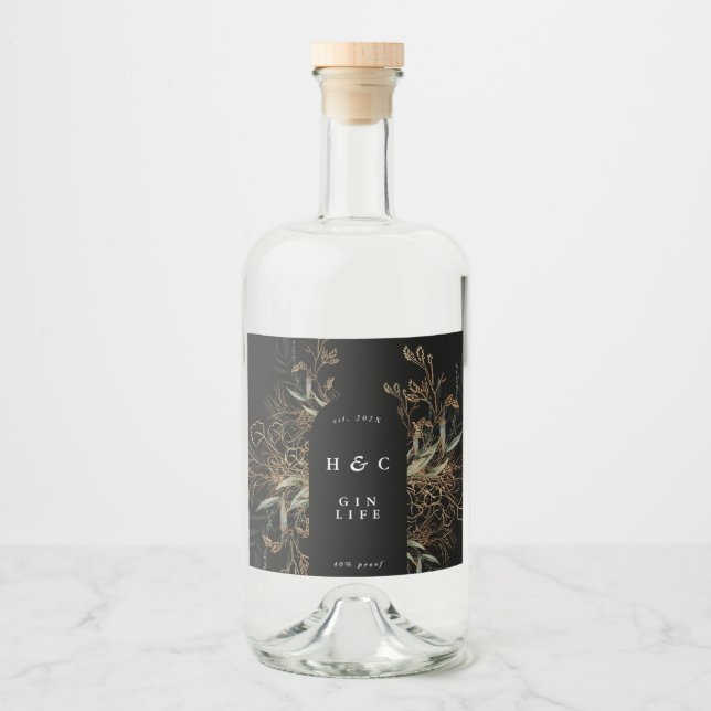 Etiqueta Para Botella De Licor Botánicos negros modernos Eucalyptus Gin Arch (Anverso)