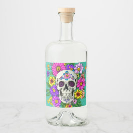 Etiqueta Para Botella De Licor cráneo colorido con flores