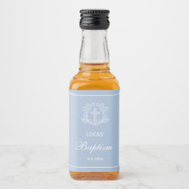 Etiqueta Para Botella De Licor Cruz floral simple en bautismo azul claro