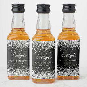 Etiqueta Para Botella De Licor Cumpleaños 40 Glitter Plateado Negro