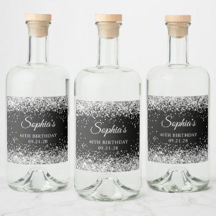 Etiqueta Para Botella De Licor Cumpleaños 40 Glitter Plateado Negro
