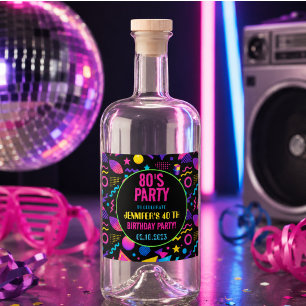 Etiqueta Para Botella De Licor Cumpleaños Retro Neon Personalizado Años 80 - Dive