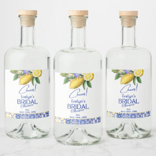 Etiqueta Para Botella De Licor Despedida de soltera con azulejo azul y limones en