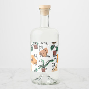 Etiqueta Para Botella De Licor Dibujo en línea de gatos y flores