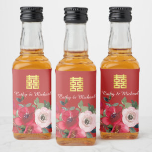 Etiqueta Para Botella De Licor Doble felicidad floral moderna acuarela roja rosa