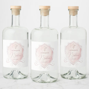 Etiqueta Para Botella De Licor Elegante bautismo Escudo de acuarela rosa