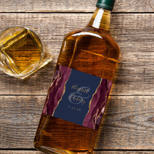 Etiqueta Para Botella De Licor Elegante Boda Burgundy Dorado Ágata Azul Marino