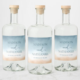 Etiqueta Para Botella De Licor Elegante Boda de arena de la playa del océano azul