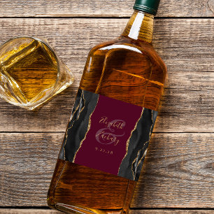 Etiqueta Para Botella De Licor Elegante Boda de Burgundy Black Gold Agate