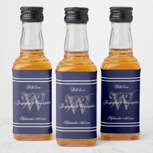 Etiqueta Para Botella De Licor Elegante Boda de Moda de Monograma Azul de la Mari