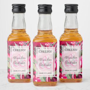 Etiqueta Para Botella De Licor Elegante Boda floral de acuarela rosa caliente Min