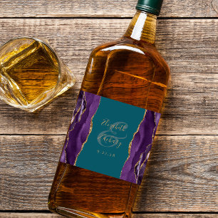 Etiqueta Para Botella De Licor Elegante Boda Verde azulado de Purple Gold Agate