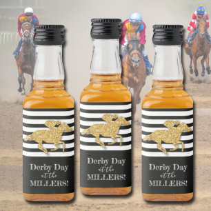 Etiqueta Para Botella De Licor Faux Gold Glitter Race Horse on Black Stripes