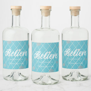 Etiqueta Para Botella De Licor Festividad azul y plateada 'Believe' Holiday