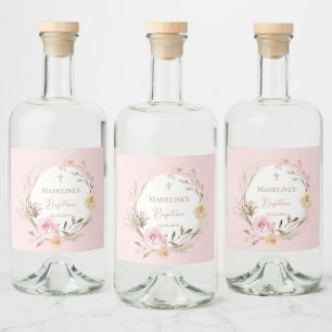 Etiqueta Para Botella De Licor flores beige rosa acuarela Bautismo