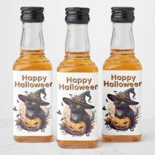 Etiqueta Para Botella De Licor Gato de bruja para Feliz Halloween
