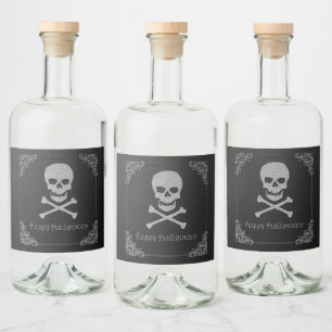 Etiqueta Para Botella De Licor Halloween con calaveras plateadas y cruces