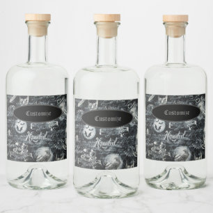 Etiqueta Para Botella De Licor Halloween Embrujado Blanco y Negro
