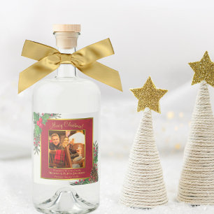 Etiqueta Para Botella De Licor Holly y Pine Merry Christmas Gold Frame Photo