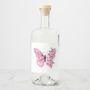 Etiqueta Para Botella De Licor Mariposa de flores con Sakura rosa