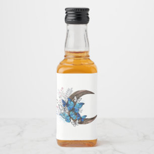 Etiqueta Para Botella De Licor Mariposas azules sobre la media luna de madera