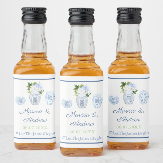 Etiqueta Para Botella De Licor Moderna Chinoiserie Boda Azul Blanco Y Verde (Botellas)