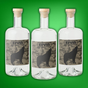 Etiqueta Para Botella De Licor Monograma de silueta de lobo negro marrón moderno 