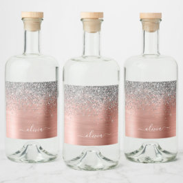 Etiqueta Para Botella De Licor Monograma del Rosa Metalizado de plata dorada cepi