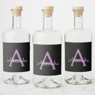 Etiqueta Para Botella De Licor Morado Black Script Girly Monograma Nombre
