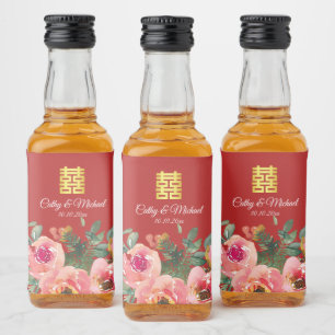 Etiqueta Para Botella De Licor Peonía doble felicidad floral boda china roja