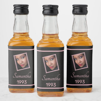 Etiqueta Para Botella De Licor Personalizado Pink Black Photo Birday Mini