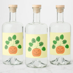 Etiqueta Para Botella De Licor Planta de Monstera de Halloween en calabaza