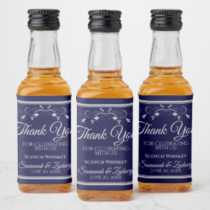 Etiqueta Para Botella De Licor Plata en Boda azul marino Gracias Mini
