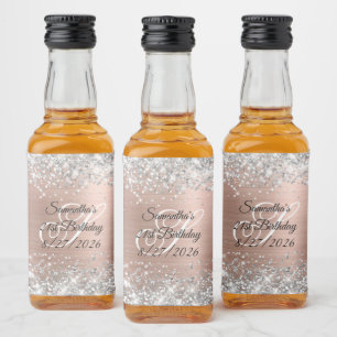 Etiqueta Para Botella De Licor Rosa de Oro Monograma con Brillo de Plata Cumpleañ