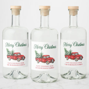Etiqueta Para Botella De Licor Watercolor Classic Camión Rojo Feliz Navidad