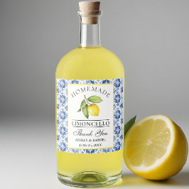 Etiqueta Para Botella De Licor Watercolor Lemon Blue Tile Limoncello