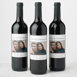 Etiqueta Para Botella De Vino 1ª foto de Navidad de pareja recién casados