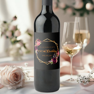 Etiqueta Para Botella De Vino 100 cumpleaños oro negro floral burdeos