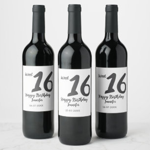 Etiqueta Para Botella De Vino 16º cumpleaños fecha de añadir nombre año negro pl