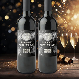 Etiqueta Para Botella De Vino 2026 Black Silver Glitter New Year's Eve Party