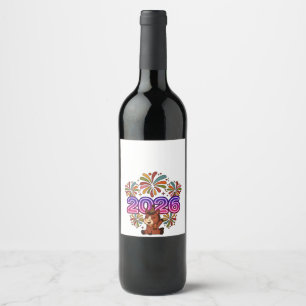 Etiqueta Para Botella De Vino 2026 Fuegos Artificiales y Caballo de Fiesta – Año