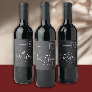 Etiqueta Para Botella De Vino 21.º cumpleaños elegante negro plano Minimalista